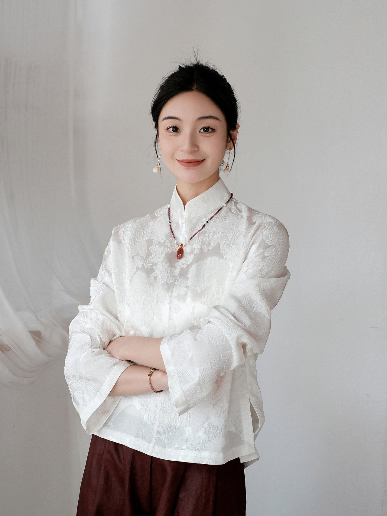 Pearl White Blouse with Phoenix Design