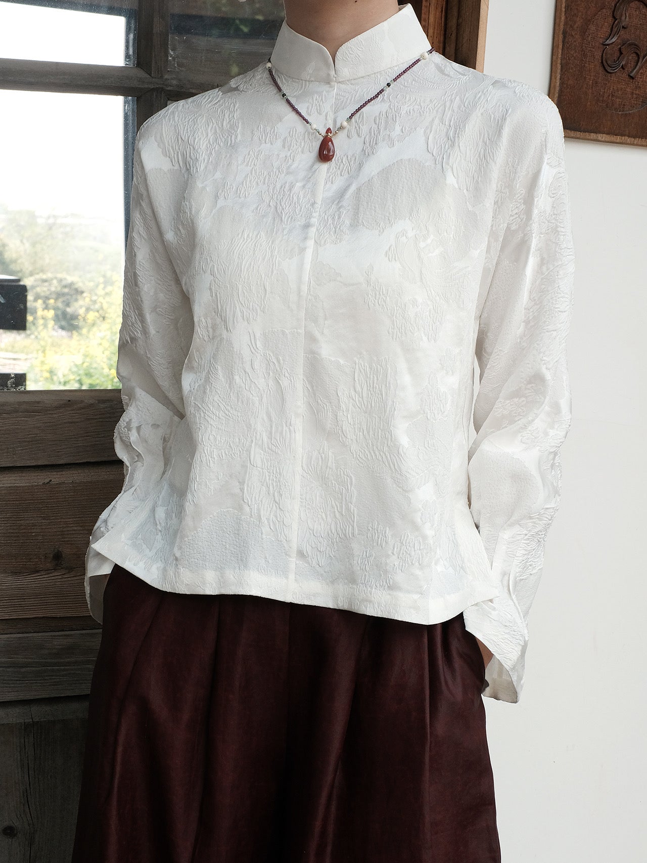 Pearl White Blouse with Phoenix Design