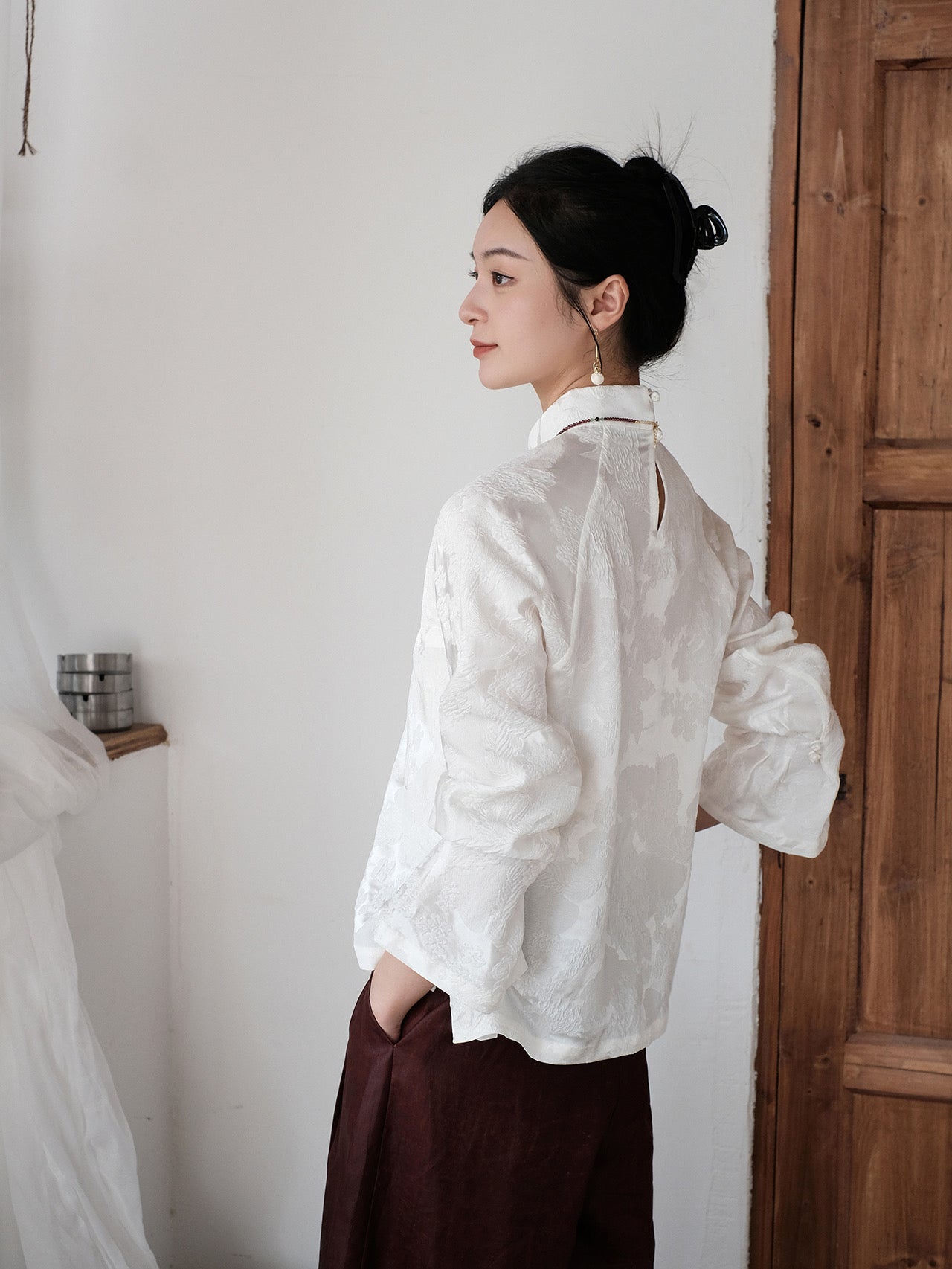 Pearl White Blouse with Phoenix Design
