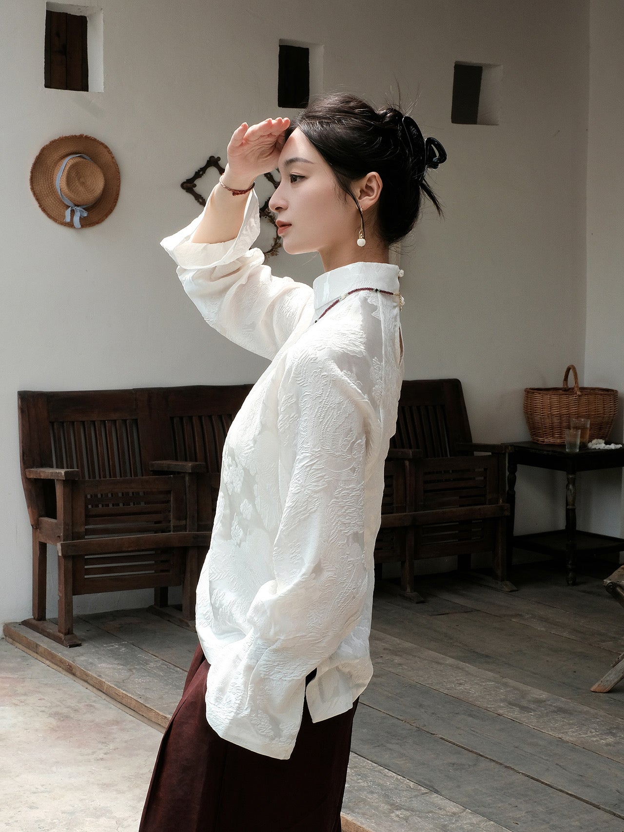 Pearl White Blouse with Phoenix Design