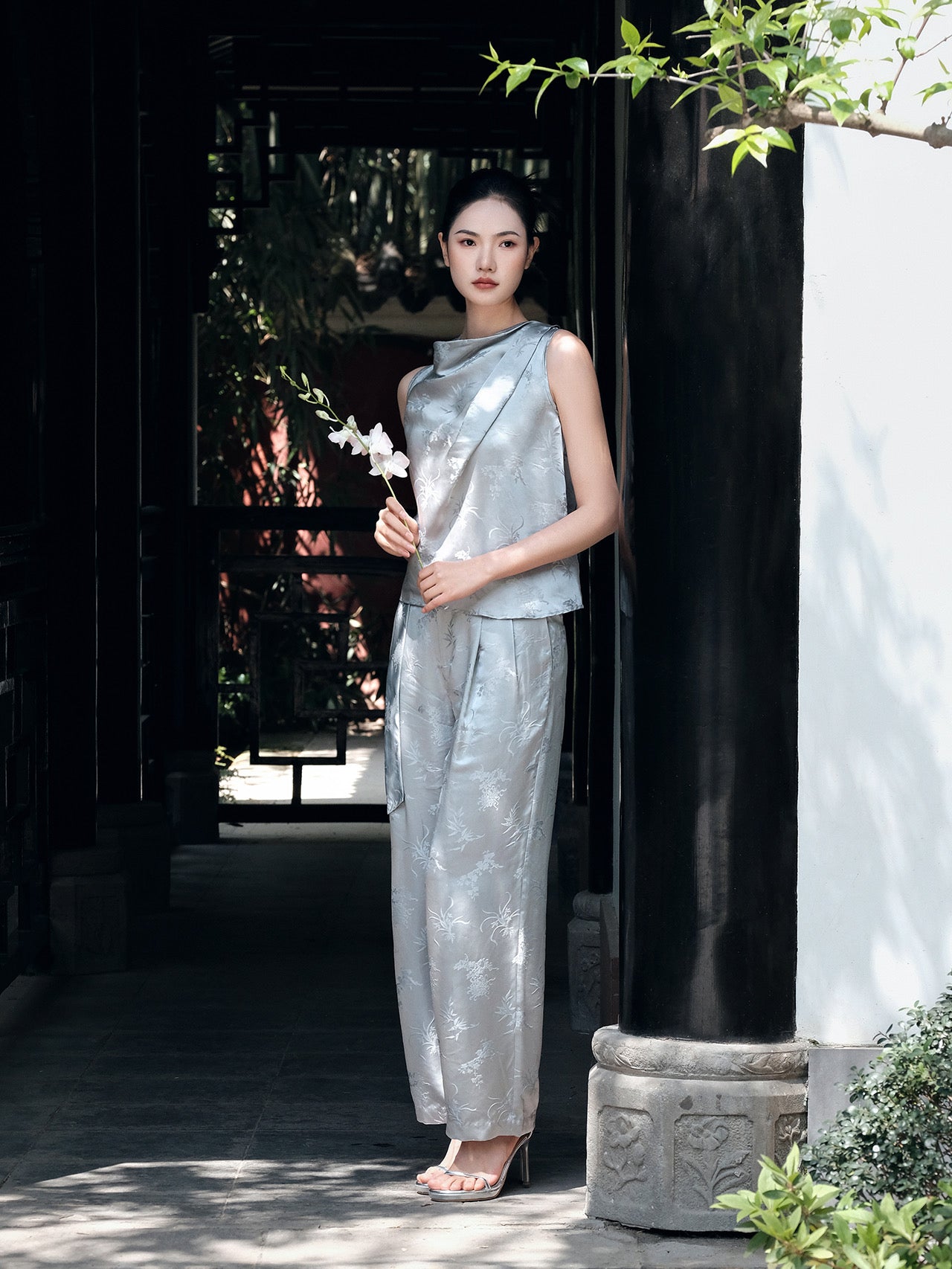 Frost Grey Silk Trousers Featuring Four Gentlemen Motif