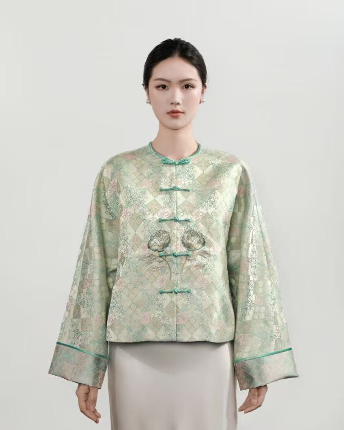 Grass-Green Peony Embroidery Jacquard Jacket X Guo Pei