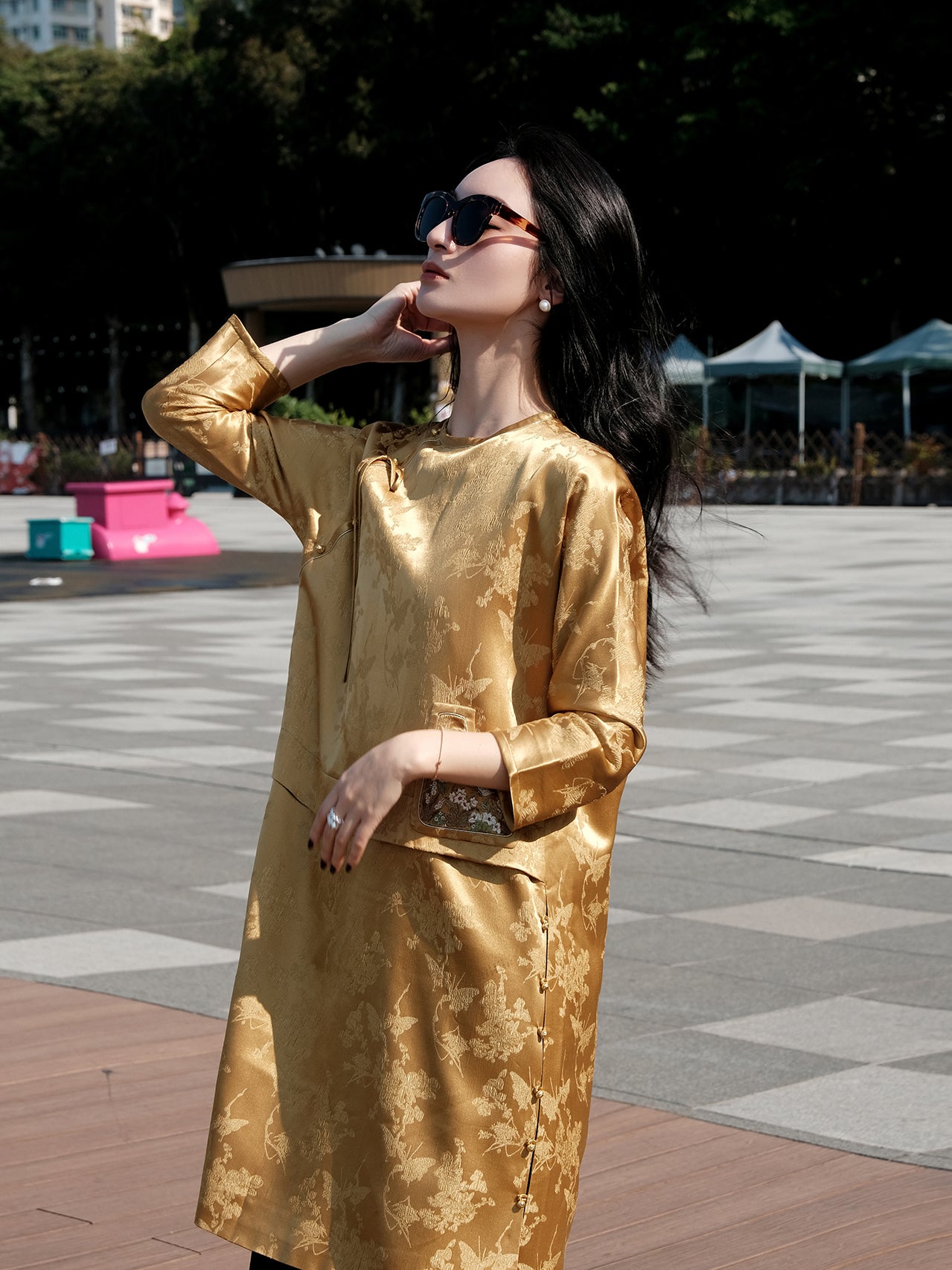 Colorful Satin Embroidery Chinese Long Gown X Guo Pei