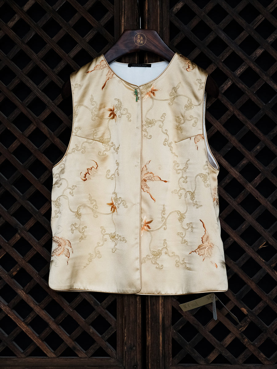 Pale Yellow Butterfly-Patterned Silk Vest