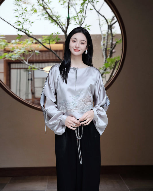 Light gray silk top x  GUO PEI