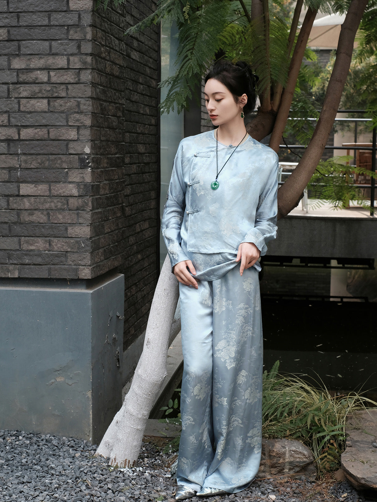Haze Blue Fairy Mountain Feihe elastic waist women's pants