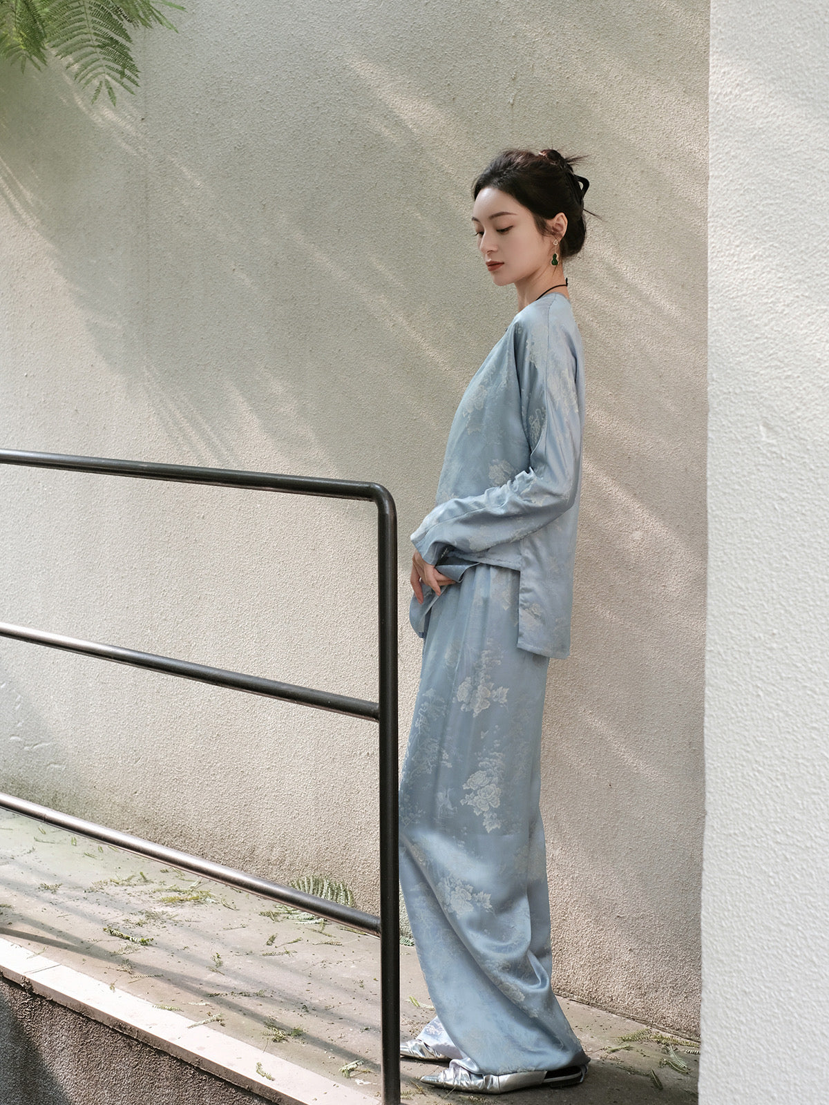 Haze Blue Fairy Mountain Feihe elastic waist women's pants