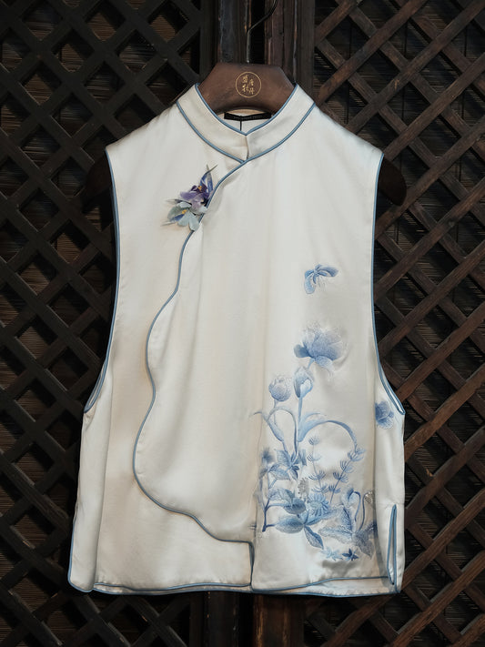 Silk Hand-Embroidered Petal Collar Vest