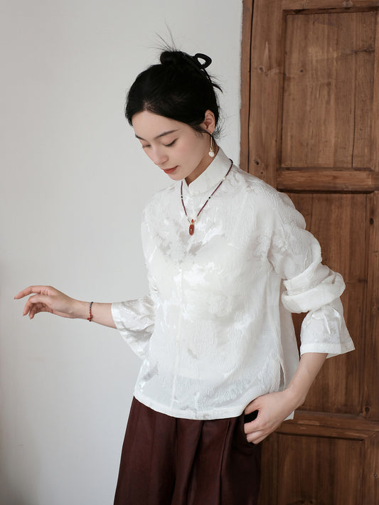 Pearl White Blouse with Phoenix Design