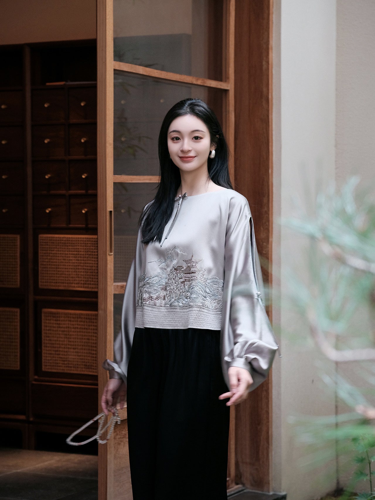 Light gray silk top x  GUO PEI