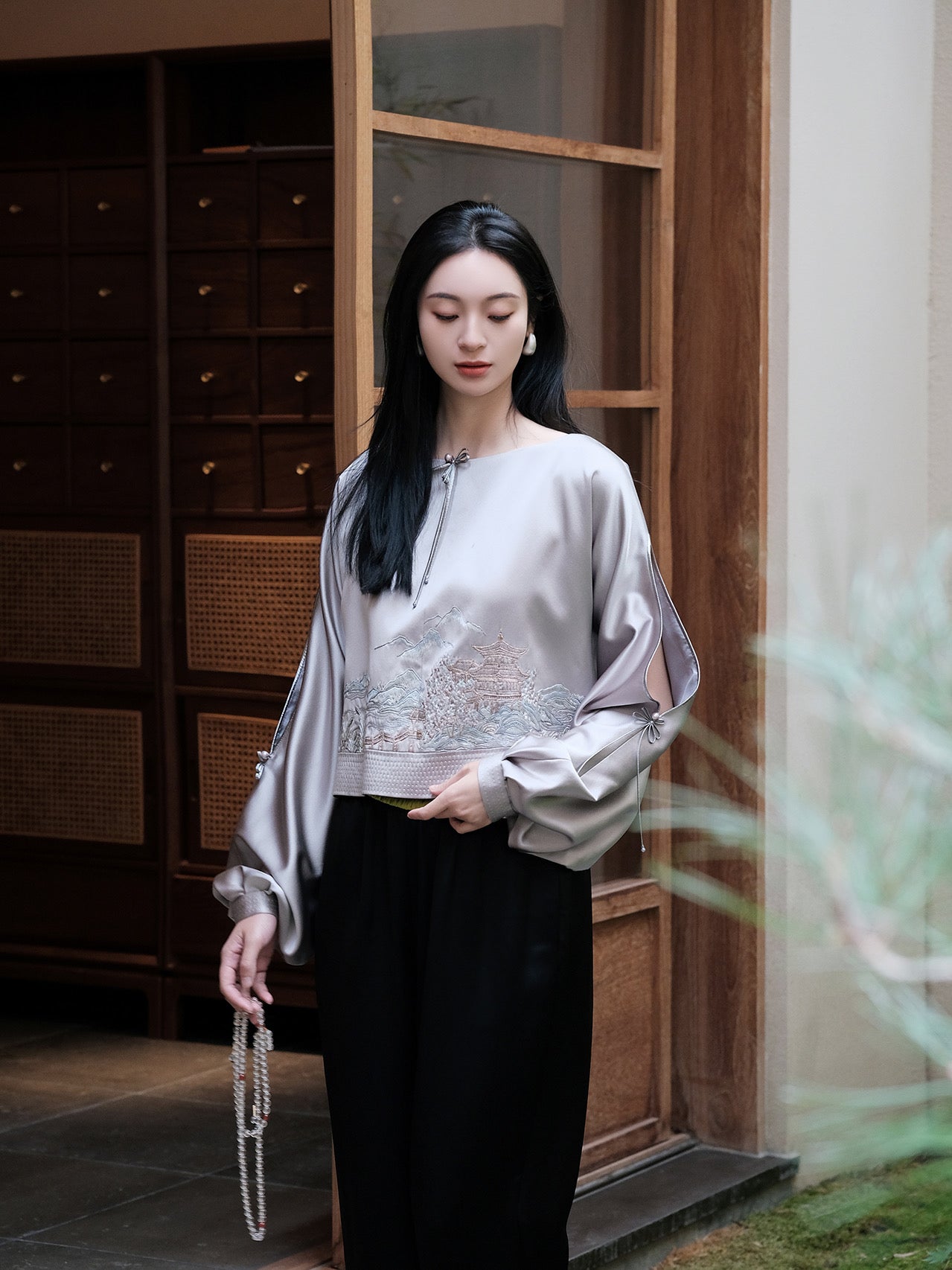 Light gray silk top x  GUO PEI