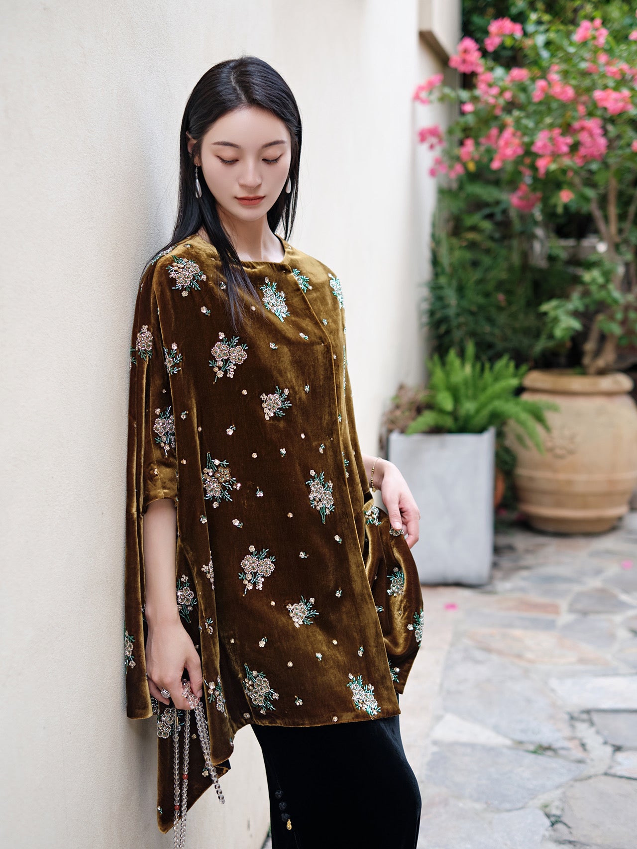 Velvet beaded embroidered shawl