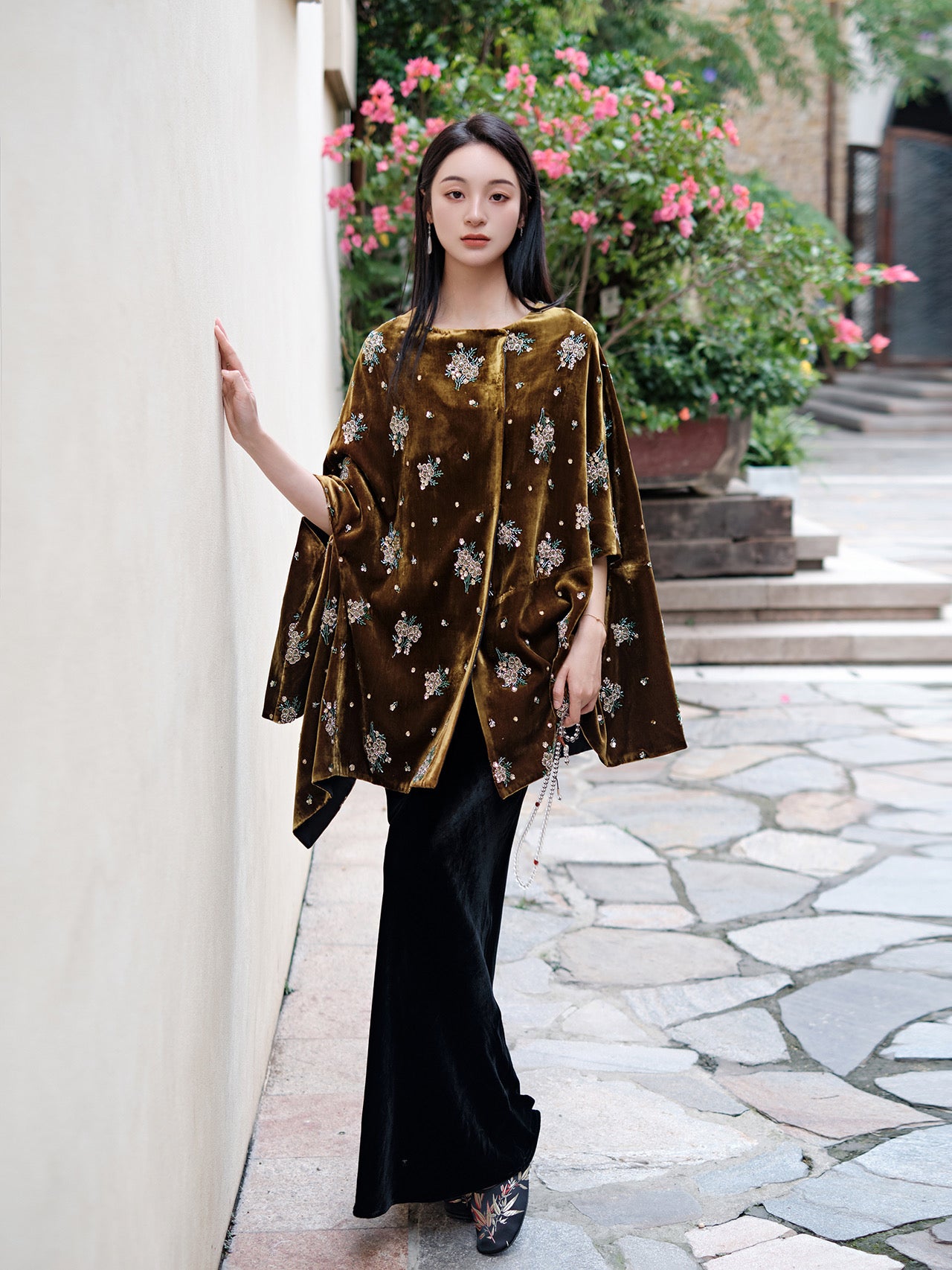 Velvet beaded embroidered shawl