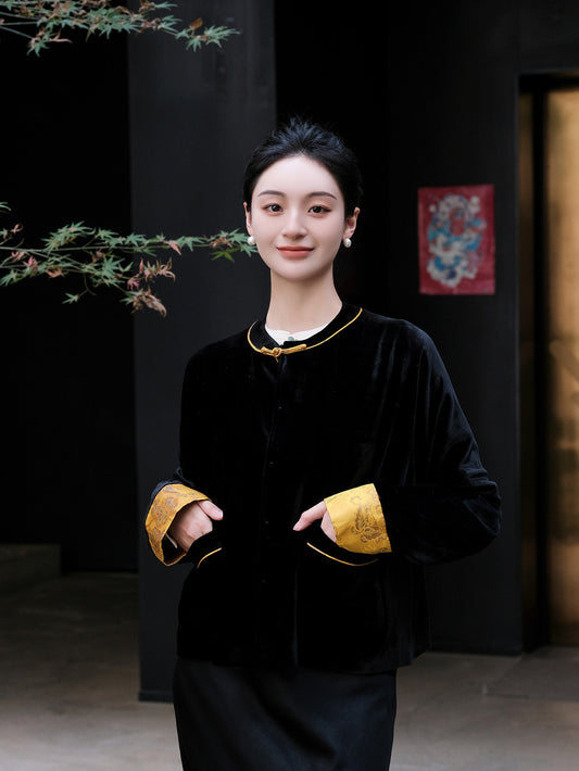 Song brocade cuff velvet jacket