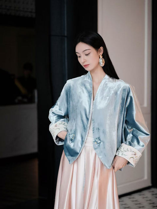 Grey-Blue Velvet Hand-Pushed Embroidery Jacket