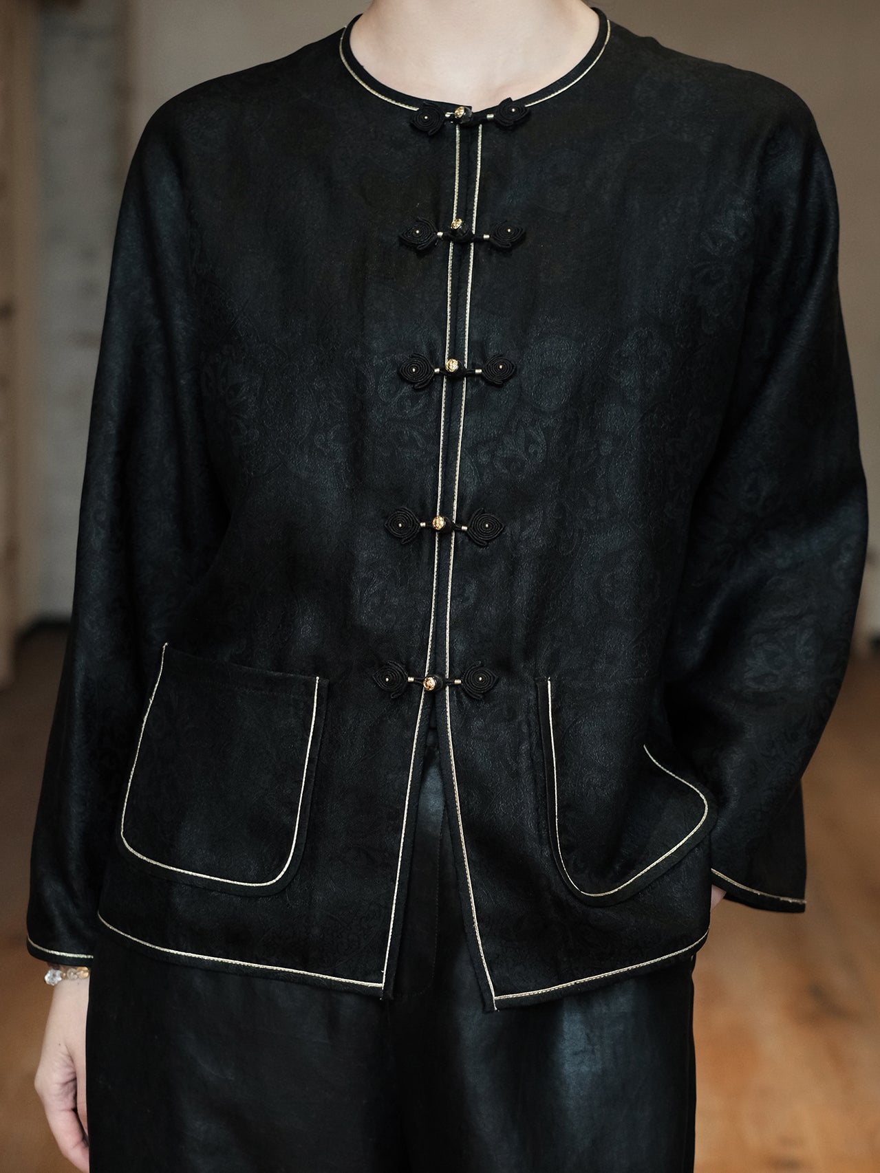 Gambiered Canton Gauze Figured Silk Cardigan Jacket