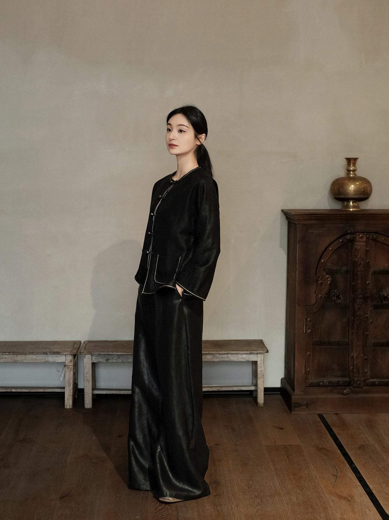 Gambiered Canton Gauze Figured Silk Cardigan Jacket