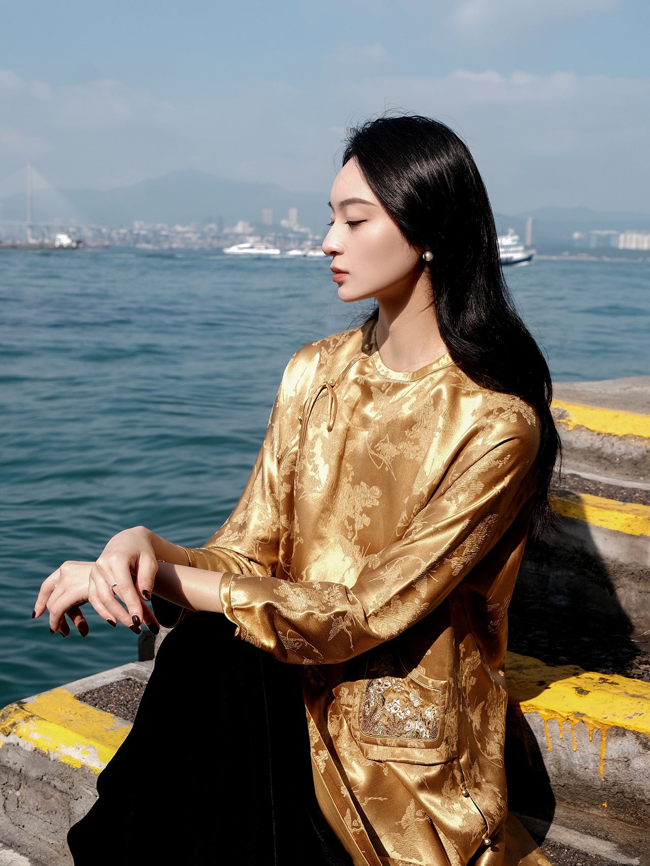Colorful Satin Embroidery Chinese Long Gown X Guo Pei