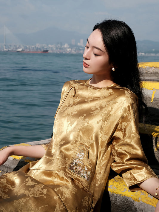 Colorful Satin Embroidery Chinese Long Gown X Guo Pei