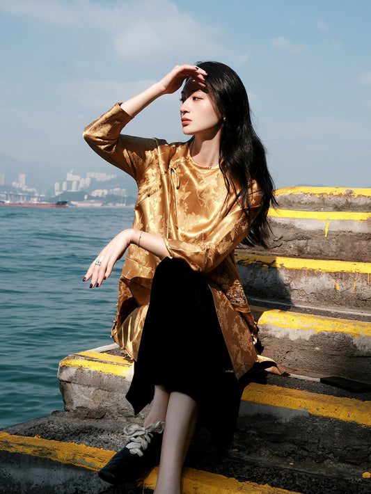 Colorful Satin Embroidery Chinese Long Gown X Guo Pei