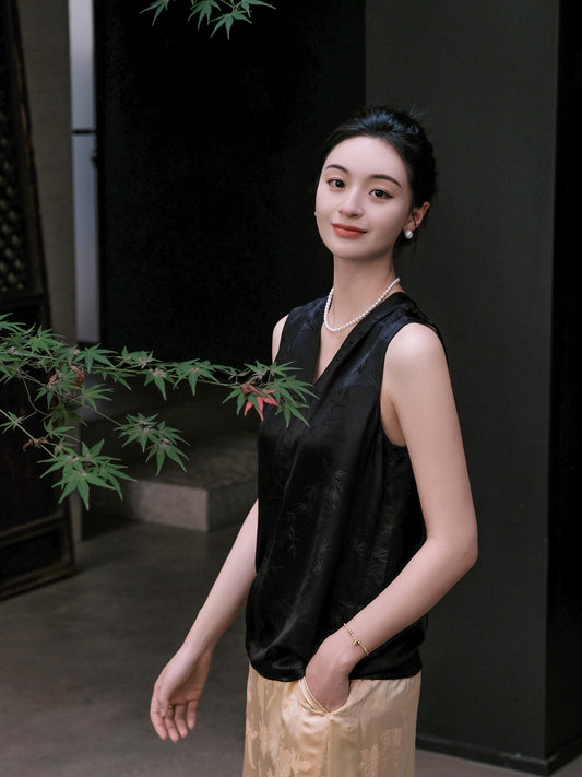 Black Bamboo Pattern Silk Jacquard Vest