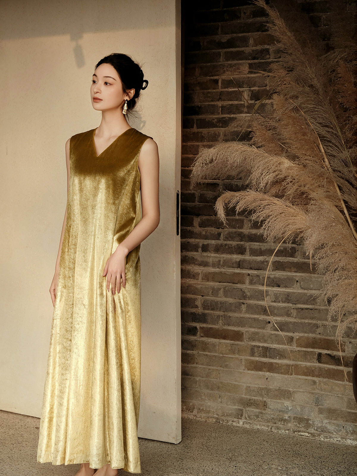 Sandalwood Gold Velvet Long Dress