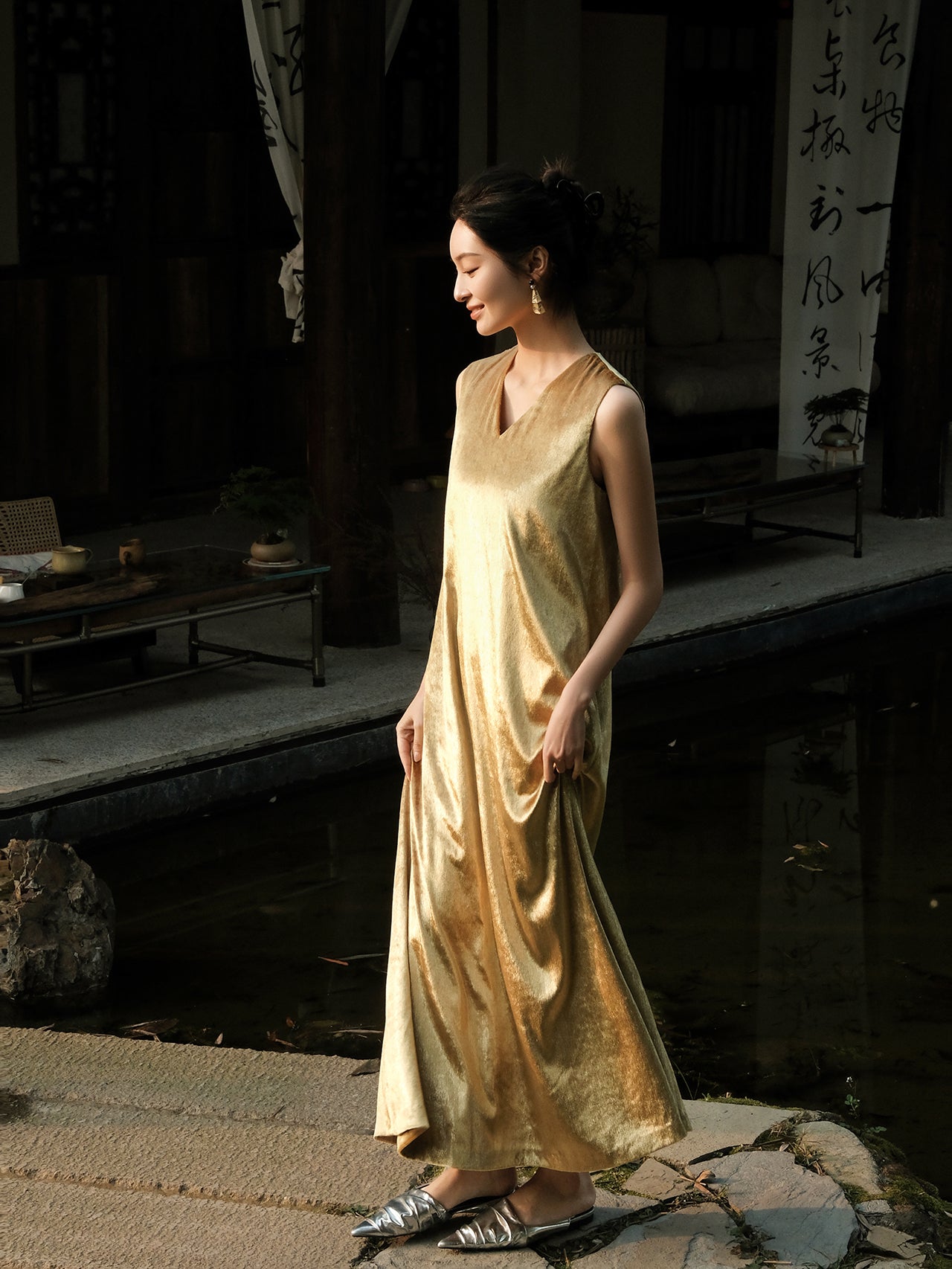 Sandalwood Gold Velvet Long Dress